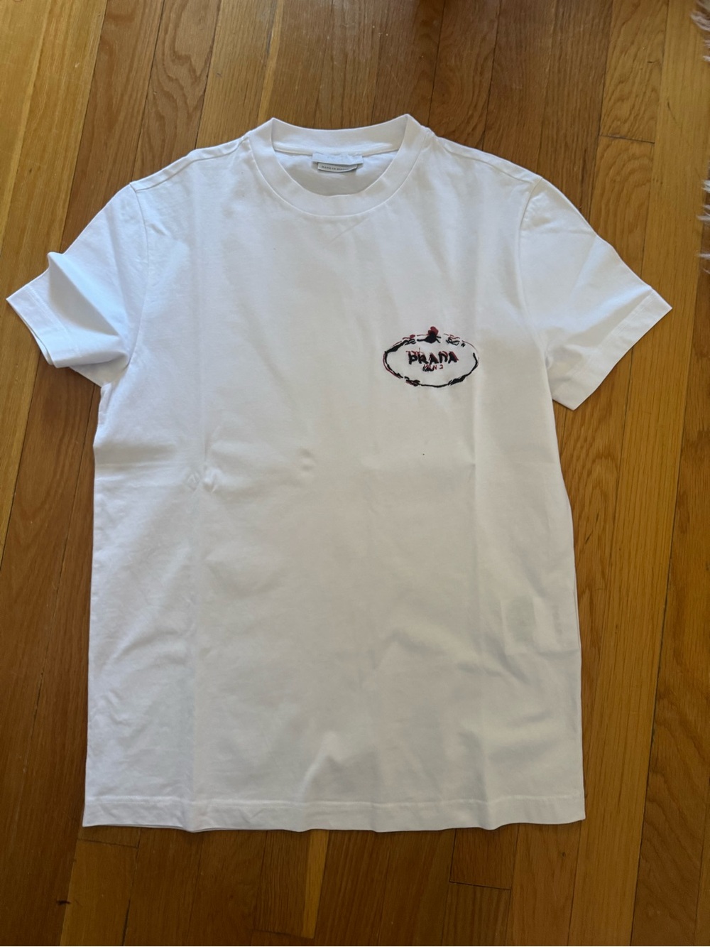 Prada White Short-Sleeve Crew Tee with Small Chest Embroidery